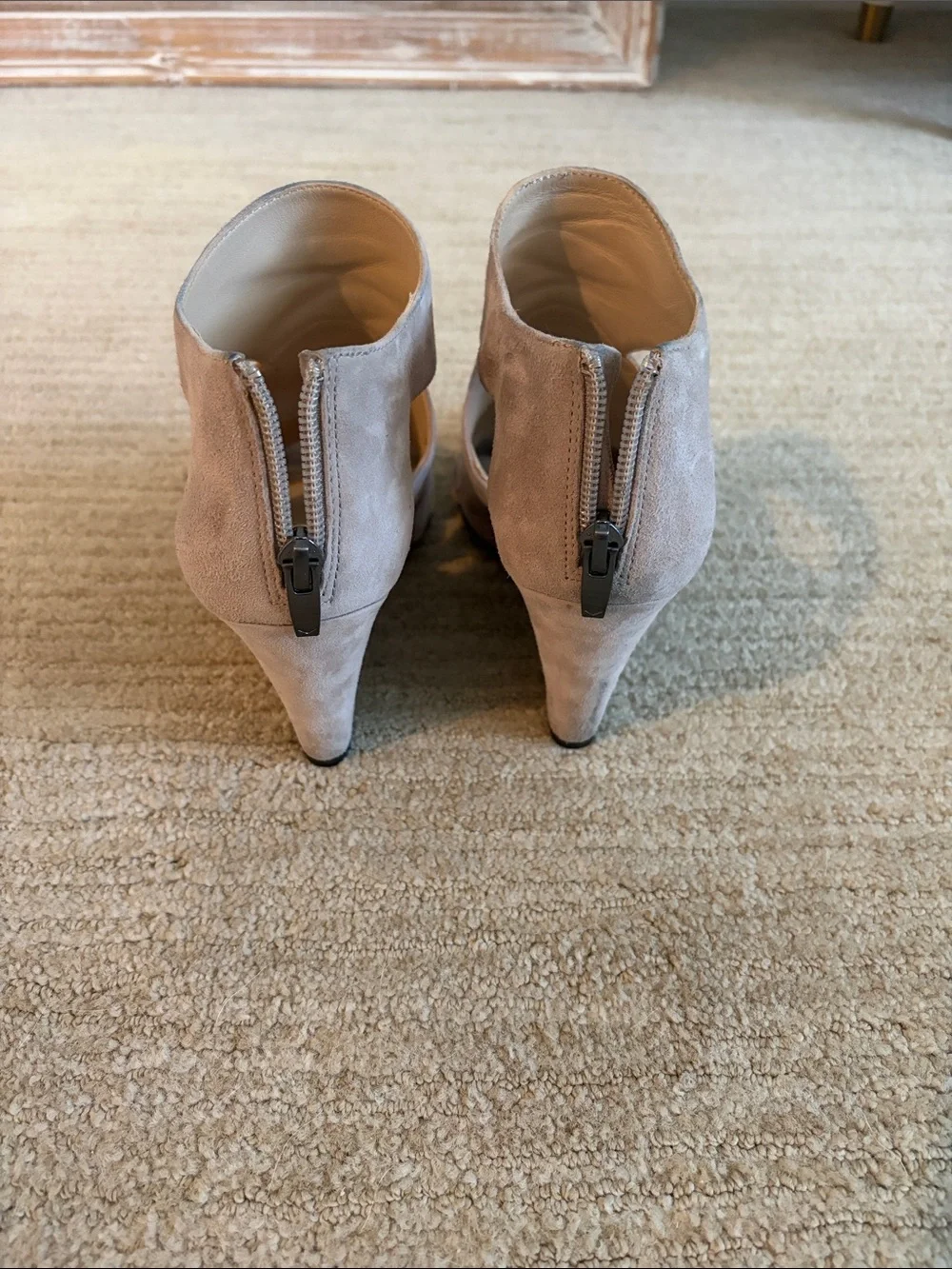Women’s Taupe Suede Peep-Toe Strappy Ankle Wedge Booties, 6.5